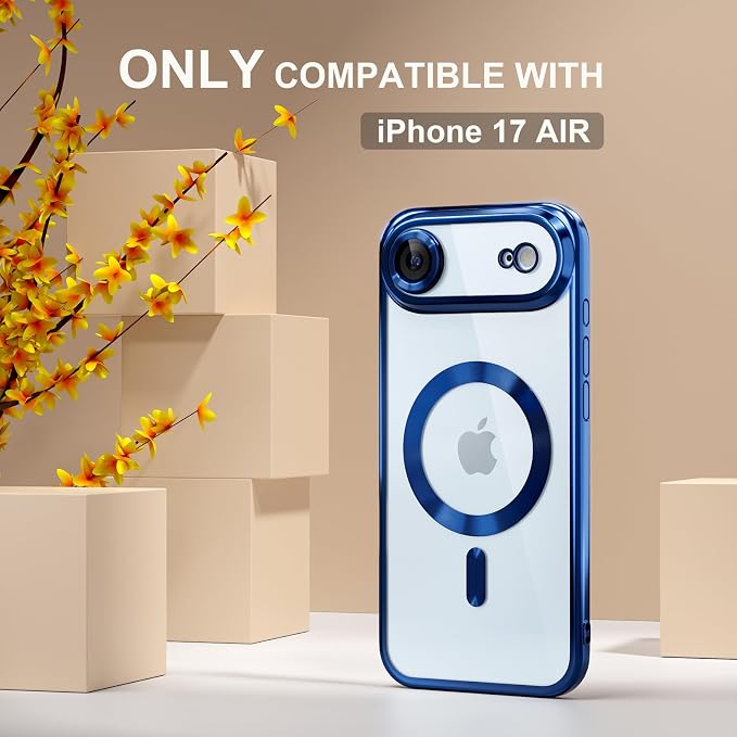 Misea Magnetic for iPhone 17 Air Case Compatible with MagSafe [Never Yellowing] [Military Grade Drop Protection] Full Camera Lens Protector Plating Soft Clear Phone Case for Women, Deep Blue