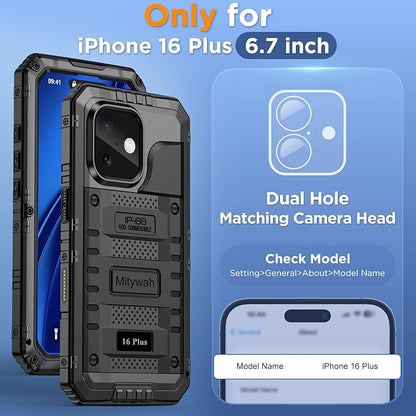 Mitywah Waterproof Case for iPhone 16 Plus, Shockproof Heavy Duty Case with Built-in Screen Protector, Underwater Full Body Protective Metal Case 6.7 inch, Black