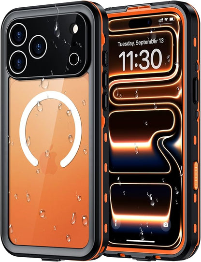 Red2Fire for iPhone 17 Pro Max Case Waterproof, [Built-in Screen Protector & Camera Protector][Compatible with MagSafe][Full Body Shockproof][IP68 Waterproof][Dustproof] Phone Case 6.9" Oragne/Clear