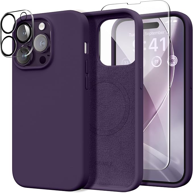 GONEZ for iPhone 14 Pro Max Case Silicone, Compatible with MagSafe, with Screen Protector + Camera Lens Protector, Liquid Silicone Shockproof Protective Phone 14 ProMax Case 6.7", Deep Purple