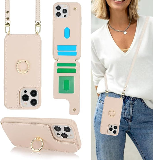 Lipvina for iPhone 13 Pro Max/iPhone 12 Pro Max Case with Card Holder for Women,Crossbody Strap Lanyard,Credit Card Holder,Ring Stand,Snap Clasp,Wallet Case 6.7 inch (Beige)