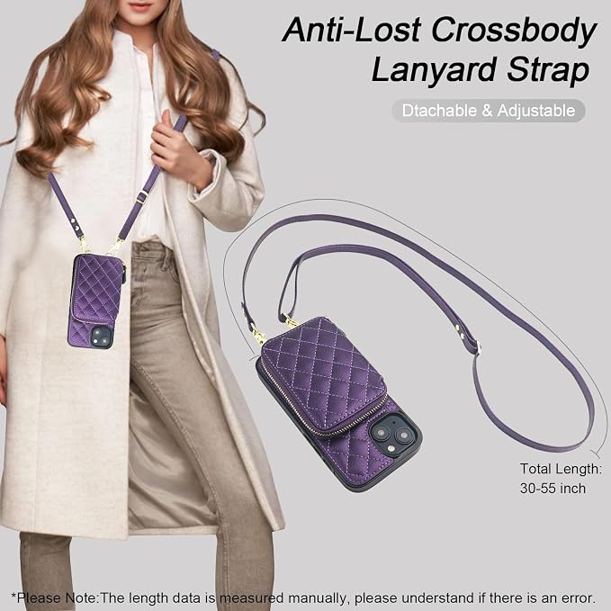 Bocasal Crossbody Wallet Case for iPhone 14, RFID Blocking PU Leather Zipper Handbag Purse Flip Cover, Kickstand Folio Case with Card Slots Holder Wrist Strap Lanyard 5G 6.1 Inch (Dark Purple)