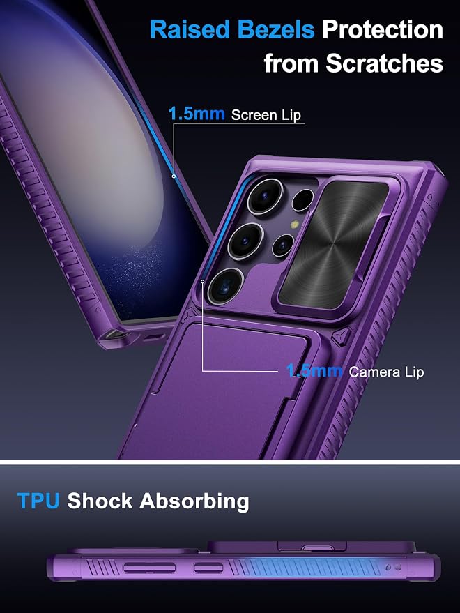 Vihibii for Samsung Galaxy S23 Ultra Case with Card Holder & Sliding Camera Cover & Kickstand, Shockproof Rugged Hard Back & TPU Edge Wallet Case for Galaxy S23 Ultra 5G 6.8" 2023, Dark Purple