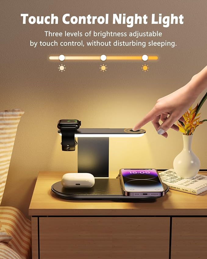 KeeKit Wireless Charger, 4 in 1 Wireless Charging Station with Dimmer Night Light, Fast Charging Dock for iPhone, iWatch, AirPods, Lamp Charging Station for Bedroom, Desk, Office