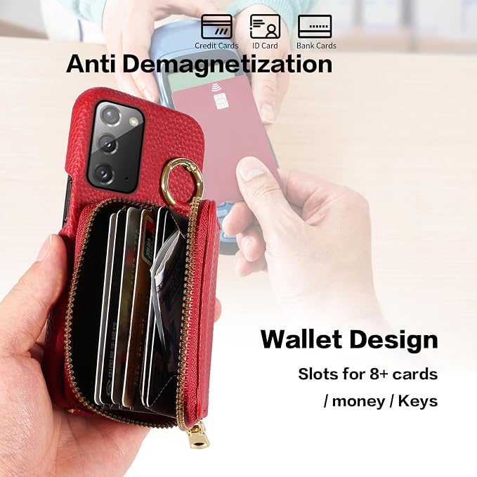 Wallet Case for Samsung Galaxy Note 20 5G with Shoulder Strap Ring Buckle, PU Leather Zipper Flip Organ Purse, Card Holder Stand Phone Cover for Note20 Notes 20s Twenty Not S20 Women Men Red