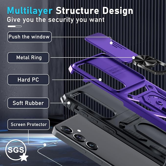 Janmitta Compatible with Samsung Galaxy S25 Plus/S24 Plus Case Built in Slide Camera Lens Cover+Screen Protector+Finger Ring Holder Kickstand,Heavy Duty Shockproof Full Body Phone Cover,Purple