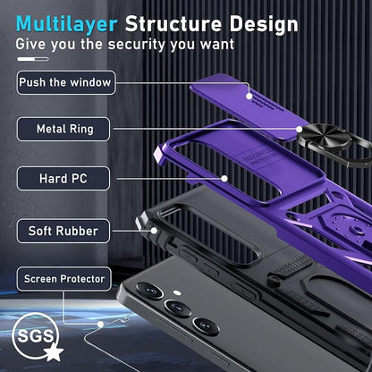 Janmitta Compatible with Samsung Galaxy S25 Plus/S24 Plus Case Built in Slide Camera Lens Cover+Screen Protector+Finger Ring Holder Kickstand,Heavy Duty Shockproof Full Body Phone Cover,Purple