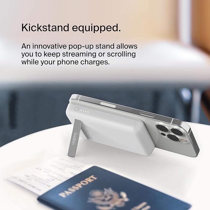Belkin Portable Charger, Wireless Power Bank 5000 mAh MagSafe Charger 7.5W, Built-in Pop-up Kickstand - iPhone 17, Air, Pro, Pro Max, AirPods, Apple Watch, Google Pixel 10, etc. - White