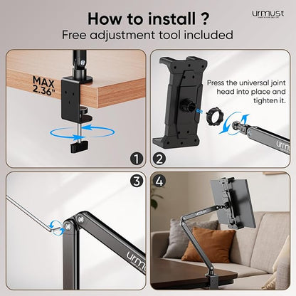 Urmust Portable Monitor Stand 15.6", iPad Stand for Desk & Bed, Portable Monitor Holder up to 18.5", Adjustable Desktop Tablet Arm Mount, Apple iPad Holder for Desk, for 4.7"-12.9" iPad Pro/Air/Mini