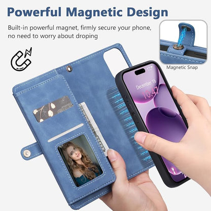Wallet Case for iPhone 16 Plus with Card Holder/Crossbody Wallet/Strap| RFID Blocking | Magnetic | Kickstand | Detachable | PU Leather Phone Case for iPhone 16 Plus,6.7 in,Sky Blue