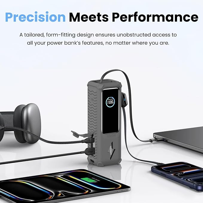 Silicone Case for Anker Laptop Power Bank (25000mAh 165W), with Charging Cable Holder, Portable Protective Cover Compatible with Anker 25000mAh 165W Power Bank for Travel & Daily Use (Gray)