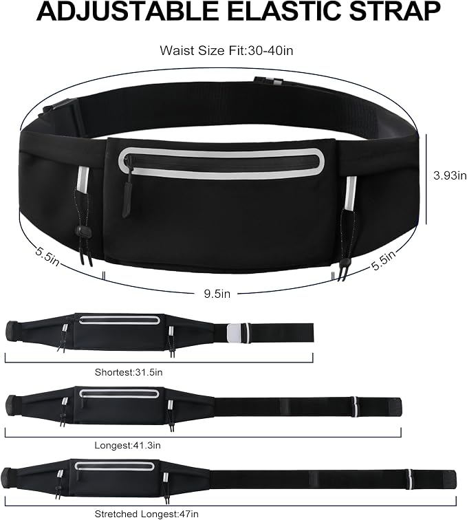 Running Belt Fanny Pack:3 Pocket Waist Bag for Men Women Workout Exercise Fitness Phone Holder Fits All Phones - Runner Marathon Jogging Race Belt with Bib Clip (Black)