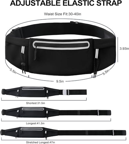 Running Belt Fanny Pack:3 Pocket Waist Bag for Men Women Workout Exercise Fitness Phone Holder Fits All Phones - Runner Marathon Jogging Race Belt with Bib Clip (Black)
