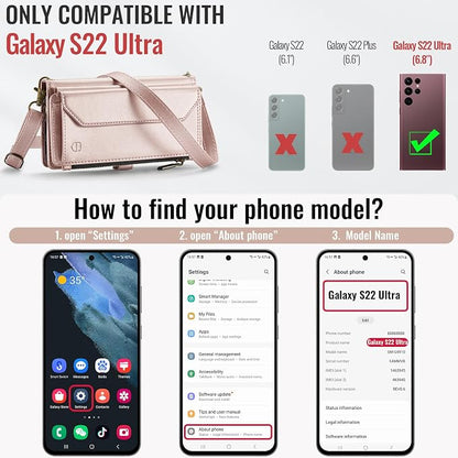 Strapurs Crossbody Wallet Case Compatible with Samsung Galaxy S22 Ultra 5G RFID Blocking 10-Card Holder Soft PU Leather Magnetic Snap Strap Zipper Pocket Phone Case Fit for Galaxy S22 Ultra - RoseGold