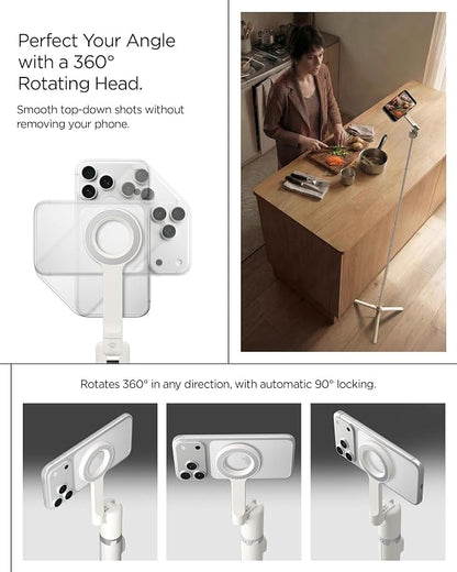 Spigen Selfie Stick Automatic Tripod Stand with Bluetooth Remote Control Shutter 66" Extendable Compatible with MagSafe iPhone 17/16/15/14/13/12 Pixelsnap Pixel 10 Series & More - Dune Beige (S582W)
