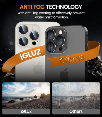 iGluz 2 Pack Anti-Reflection Camera Lens Protector for iPhone 15 Pro/iPhone 15 Pro Max [Anti-fog Coating][1-Step Installation Tray][Strong Adsorption] 9H Shatterproof Tempered Glass-White Titanium