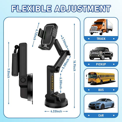 Truck Phone Holder Mount,Car Phone Holder,Dashboard Windshield Phone Holder 16.9 inch Long Arm,Super Suction Cup Compatible with Pickup Truck,Commercial Truck and All Phone