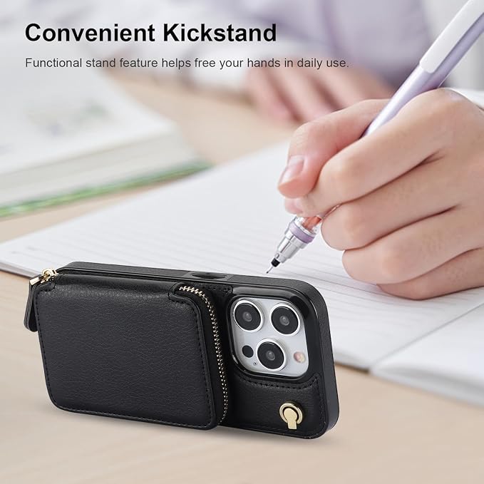 Bocasal Crossbody Wallet Case for iPhone 15 Pro, RFID Blocking Leather Purse Case with Card Holder, Protective Handbag Flip Cover with Zipper Wrist Strap Lanyard for Women 5G 6.1 Inch (Black)
