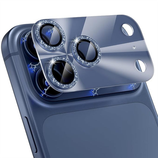 Choiche Compatible for iPhone 17 Pro Camera Lens Protector, Bling Camera Cover with 9H Tempered Glass Lens Screen Protector Metal Ring Decoration Accessories 6.3-inch (Light-Blue)