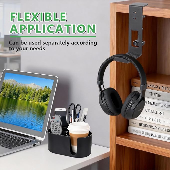 4 in 1 Desk Cup Holder Clamp on Under Desk Headphone Detachable Pen Cup Holder Hanger Caddy Organizer for Office Table, Lawn Chair, Pontoon Boat