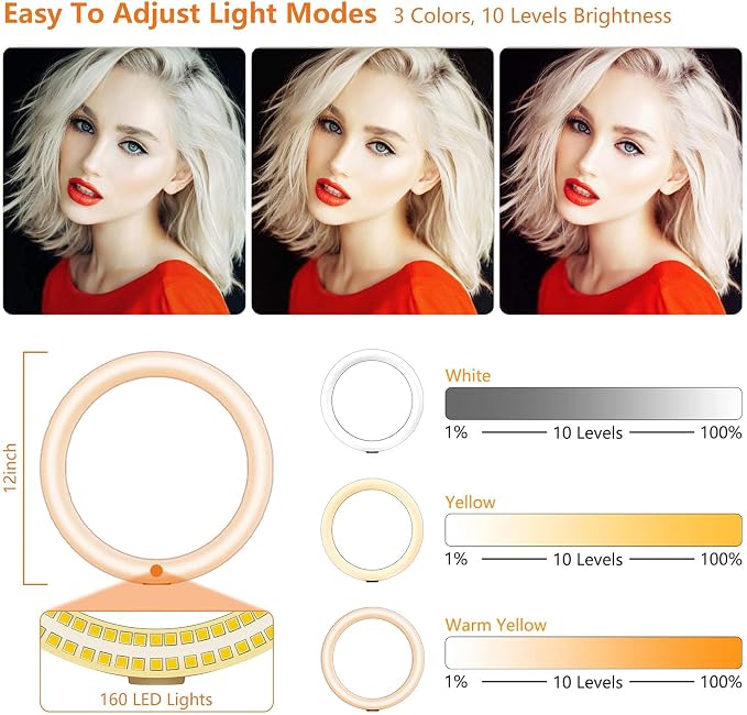 12" Selfie Ring Light with Tripod Stand 72" Tall & Mini Desktop Tripod, PEYOU Ring Light Tripod with 4 Phone Tablet Holders & Shutter for YouTube/Makeup/TikTok/Photography, Compatible with iPhone iPad