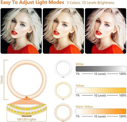 12" Selfie Ring Light with Tripod Stand 72" Tall & Mini Desktop Tripod, PEYOU Ring Light Tripod with 4 Phone Tablet Holders & Shutter for YouTube/Makeup/TikTok/Photography, Compatible with iPhone iPad