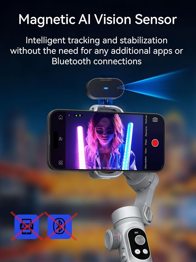 AOCHUAN 3-Axis Phone Gimbal, Gimbal Stabilizer for iPhone w/AI Vision Sensor, Portable for iPhone/Andriod, Phone Stabilizer Built in Fill Light Perfect for TikTok YouTube-Smart XPro AI Grey