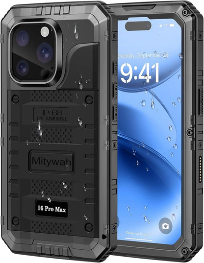 Mitywah Waterproof Case for iPhone 16 Pro Max, Heavy Duty Metal Cover with Built-in Screen Protector, Military Grade Full Body Shockproof Rugged Protective Phone Case 6.9 inch, Black