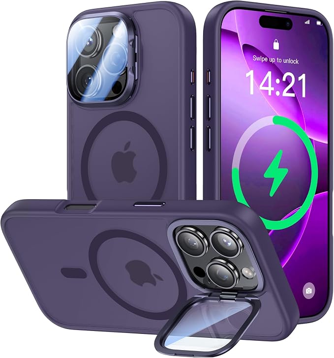 [Upgraded] for iPhone 16 Pro Case with Camera Cover Stand [Fit for MagSafe][9H Camera Lens Protector] Mil-Grade Protection Translucent Matte Magnetic iPhone 16 Pro Phone Case, Purple