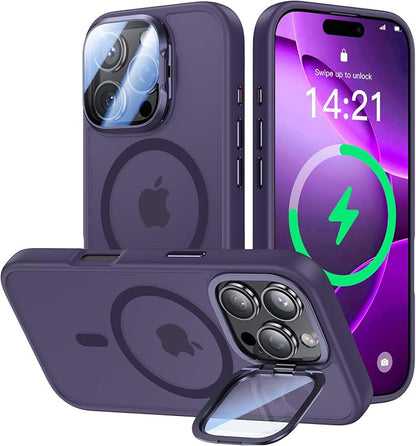 [Upgraded] for iPhone 16 Pro Case with Camera Cover Stand [Fit for MagSafe][9H Camera Lens Protector] Mil-Grade Protection Translucent Matte Magnetic iPhone 16 Pro Phone Case, Purple