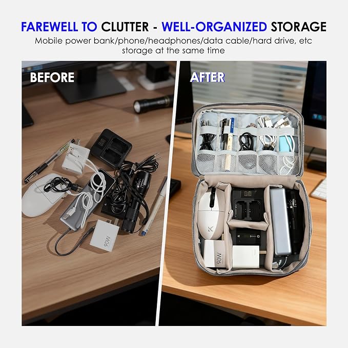 Cable Organizer bag for women or men,Electronic Accessories Carry Case Portable Waterproof Double Layers All-in-One Storage Bag for Cord, Charger, Phone, Earphone (Grey)