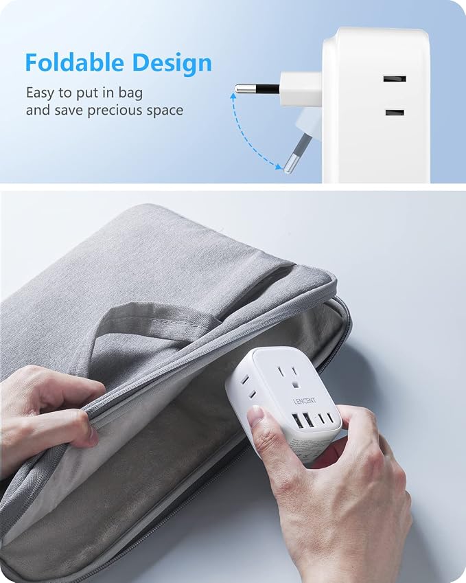 LENCENT European Travel Plug Adapter US to Europe Type-C Foldable Plug | with 4 Outlets 4 USB Ports (2 USB C), Power Adaptor for USA to EU Euro Iceland Spain Italy France Germany Greece Portugal
