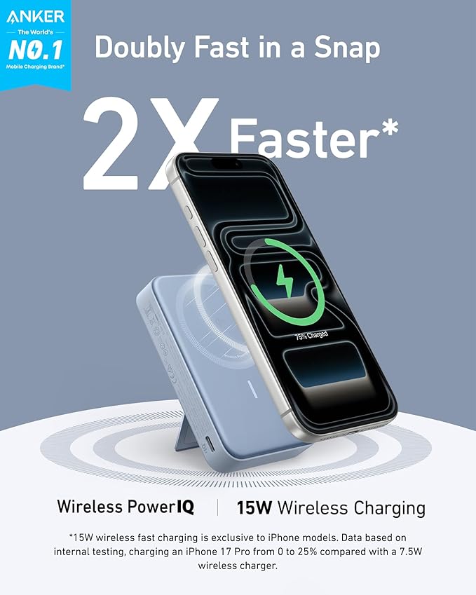 Anker MagGo Power Bank, Qi2 Certified 15W Ultra-Fast MagSafe-Compatible Portable Charger, 10,000mAh Battery Pack with Smart Display and Foldable Stand, For iPhone 15/14/13/12 Only(USB-C Cable Include)