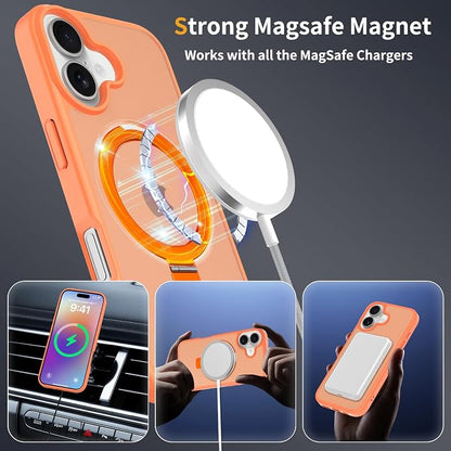 Ultra-Magnetic Stand for iPhone 17 Case [Military Drop Protection] [Compatible with MagSafe] Shockproof Translucent Matte Slim Ring Holder Case for iPhone 17 (Orange)