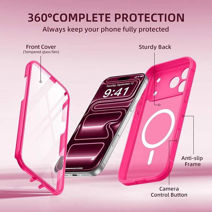 BERFY for iPhone 17 Pro Max Case, Compatible with MagSafe, Built-in Glass Screen Protector, Camera Protection, Shockproof Full Body Phone case 6.9", Translucent Hot Pink