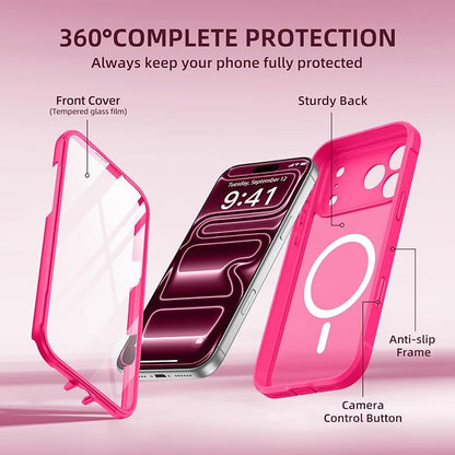 BERFY for iPhone 17 Pro Max Case, Compatible with MagSafe, Built-in Glass Screen Protector, Camera Protection, Shockproof Full Body Phone case 6.9", Translucent Hot Pink