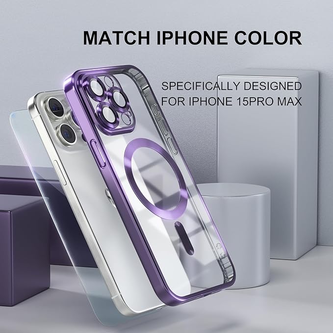 Misea Magnetic for iPhone 15 Pro Max Case with MagSafe [Never Yellowing] [Military Grade Drop Protection] Full Camera Lens Protector Plating Soft Clear Phone Case for Women Girls, Purple