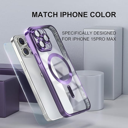 Misea Magnetic for iPhone 15 Pro Max Case with MagSafe [Never Yellowing] [Military Grade Drop Protection] Full Camera Lens Protector Plating Soft Clear Phone Case for Women Girls, Purple