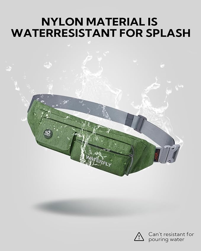 WATERFLY Fanny Pack Slim Soft Polyester Water Resistant Waist Bag Pack for Man Women Carrying iPhone 8 Samsung S6 (green)