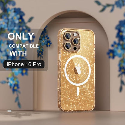 Choiche for iPhone 16 Pro Case Magnetic, Women Clear Glitter Bling Sparkly Case, [3xDiamond Camera Lens Protectors] [2xTempered Glass Screen Protectors] [Compatible MagSafe] 6.3"(Glitter Gold)