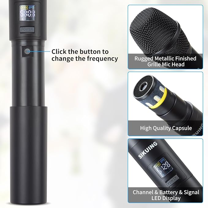4 Channel UHF Wireless Microphone System with Lavalier Headset Mics, 4x50 Adjustable Frequencies, Ideal for Karaoke Meeting Church, 300ft Range