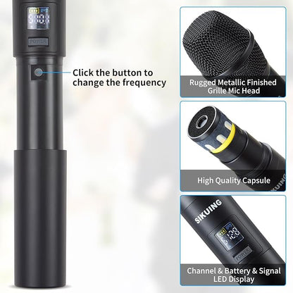 4 Channel UHF Wireless Microphone System with Lavalier Headset Mics, 4x50 Adjustable Frequencies, Ideal for Karaoke Meeting Church, 300ft Range