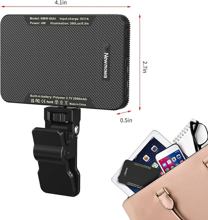 Newmowa Black Rechargeable Selfie Light - Portable Clip Video for Phone/Laptop/Camera With Smart Sensor, 3 Modes, 2000mAh Battery for Selfie/Makeup/Video Conference/TikTok