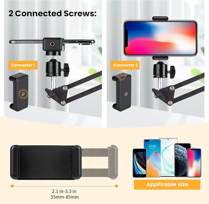 TARION Overhead Video Arm Articulating Flexible Cell Phone Holder for Desk Table Phone Stand Holder for Overhead Video Filming Livestream Flat Photography Videography