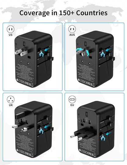 MOMAX 100W Universal Travel Adapter, 5-in-1 GaN International Power Adapter for Laptop, Phone, 2 USB-C PD & 2 USB-A QC Wall Charger, European Travel Plug Adapter for UK/US/AUS/JP, Travel Essentials