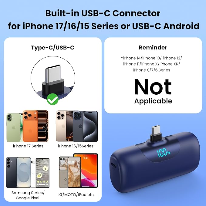 [2-Pack]Mini Portable Charger for iPhone 17/16,5500mAh LCD Display USB C Power Bank,Fast Phone Charging Travel Pocket Size Battery Pack for iPhone 17/17 Pro Max/Air/16/15 Series,Android(Black+Navy)