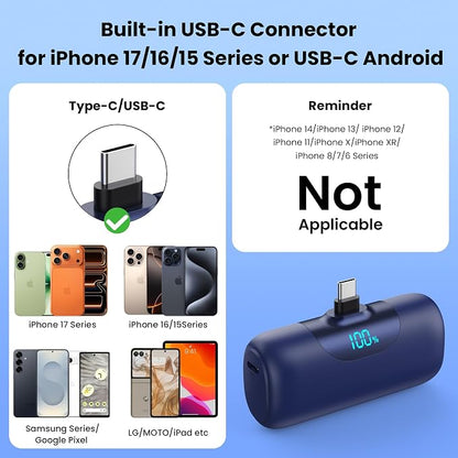 [2-Pack]Mini Portable Charger for iPhone 17/16,5500mAh LCD Display USB C Power Bank,Fast Phone Charging Travel Pocket Size Battery Pack for iPhone 17/17 Pro Max/Air/16/15 Series,Android(Black+Navy)