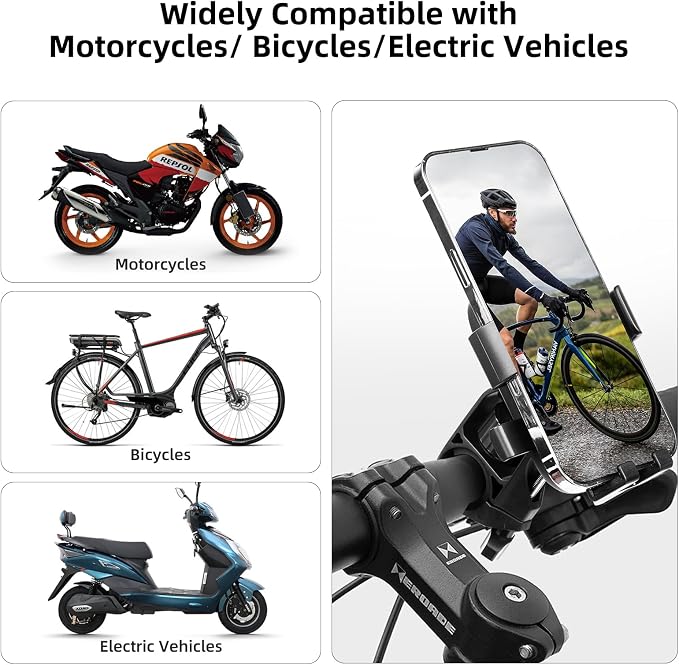 Motorcycle Phone Holder, Anti Shake Bicycle Phone Clamp for Road Ebike/Scooter/Stroller-One Hand Operation 360°Rotation,Bike Accessories Handlebar Clip Holder, Black 94003