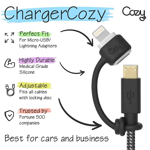Cozy Silicone Charging Cable Keeper and Adapter Tether, Secure Black Cord Holders Compatible with Micro USB, Apple Pencil Components, Keychain, Car, Travel, 10-Pack