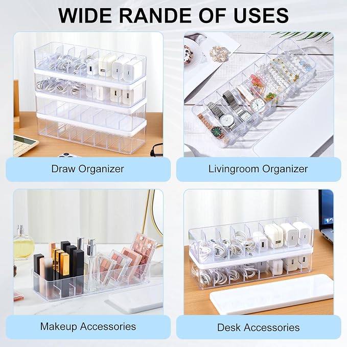 Tatuo 4 Pcs Cord Organizer for Drawer Desktop, Cable Organizer Box with 8 Compartments and Wire Ties, Plastic Charger Storage with Lid, Electronics Case for Home Office Accessories (Small,Clear,White)